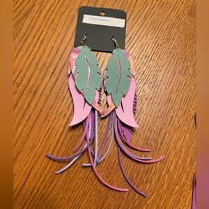 Western Boho long faux leather fringe dangle feather shaped earrings